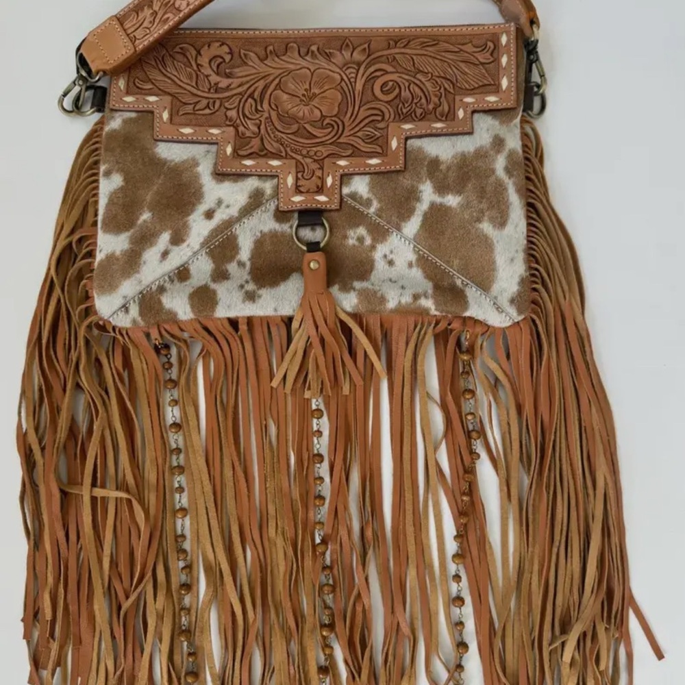 Elegant Tan and Brown Fringed Shoulder Bag